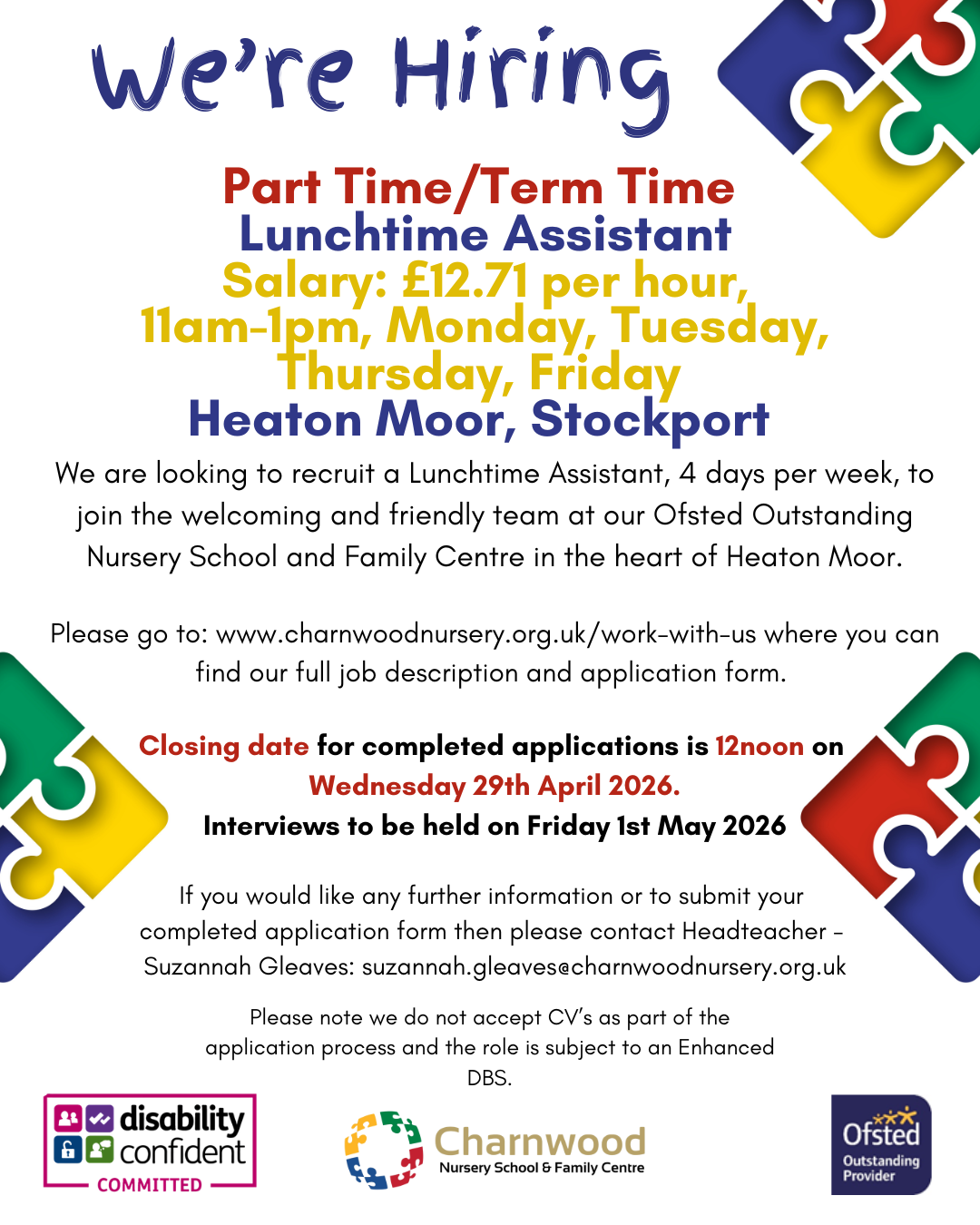 Were Hiring Lunchtime Assistant April 26